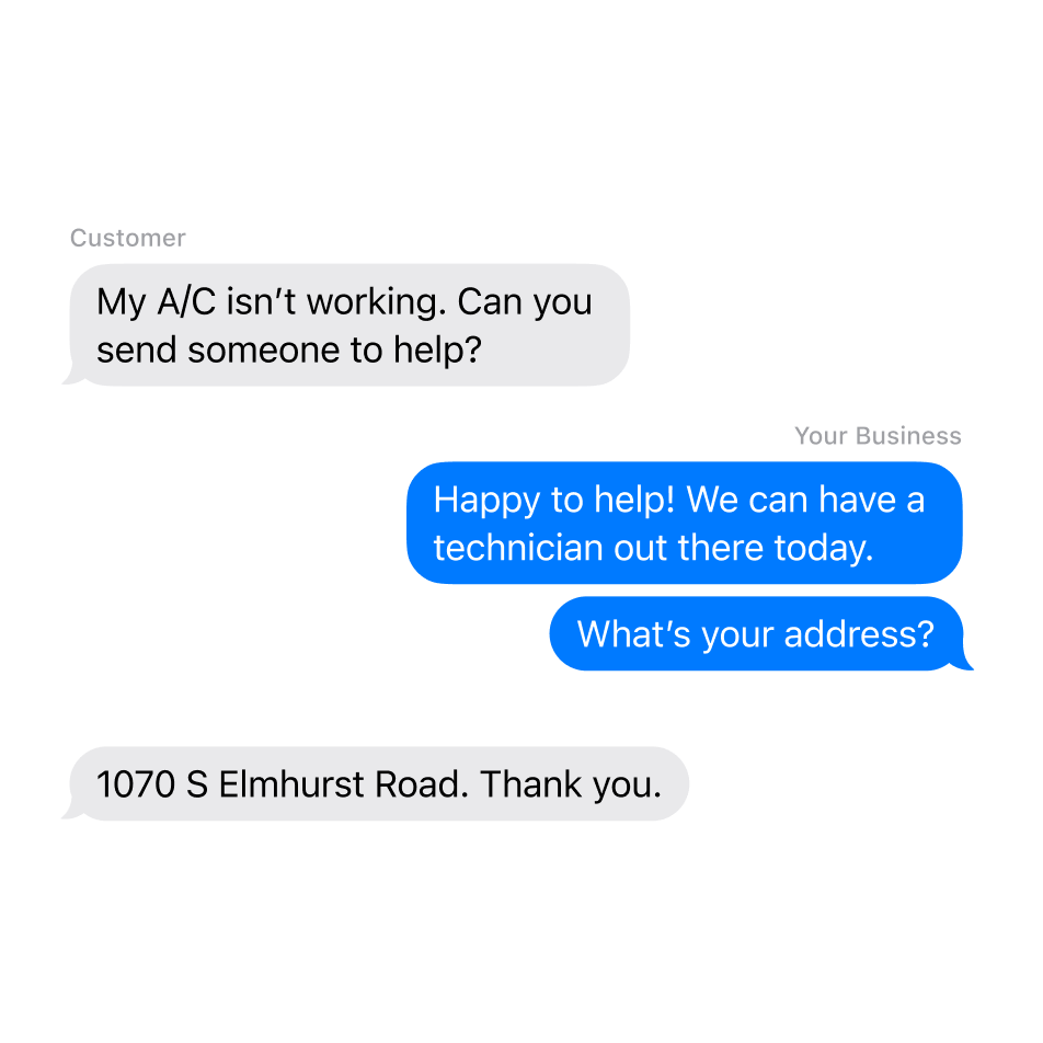 A text chain reads, Customer: “My A/C isn’t working. Can you send someone to help?” Business: “Happy to help! We can have a technician out there today. What’s your address?” Customer: “1070 Elmhurst Road. Thank you.”