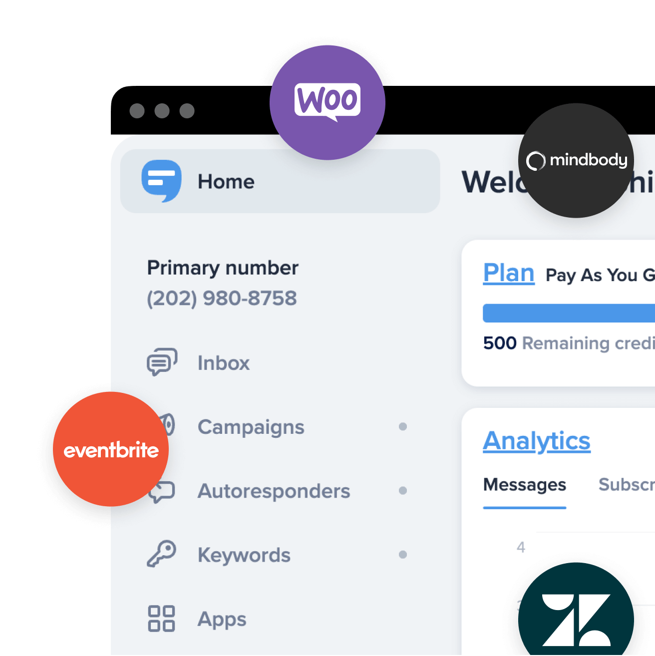 This collage shows the SimpleTexting’s texting service interface with several logos on top, including WooCommerce, Mindbody, Zendesk, and Eventbrite. These are all services that can be integrated with SimpleTexting.