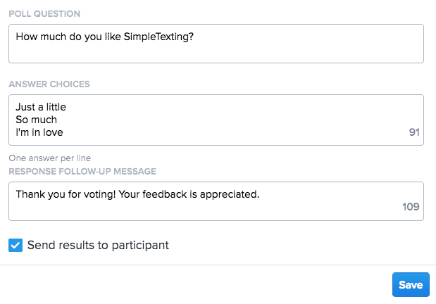 creenshot of the Text to Vote app with fields inside SimpleTexting
