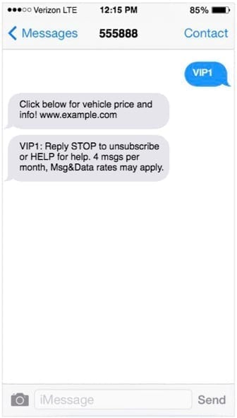 iPhone screen with text message for vehicle price and info