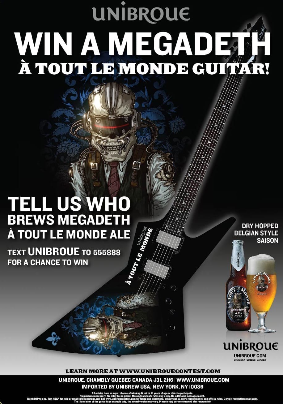 Poster with images of Megadeth band mascot Vic Rattlehead, a bottle and glass of A Tout le Monde beer, and an electric guitar. The copy invites people to text to win the featured guitar.