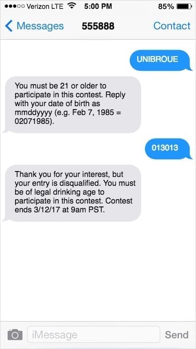 iPhone screenshot with UNIBROUE keyword texted, an age verification request, the underage user’s birthday response, and contest disqualification response