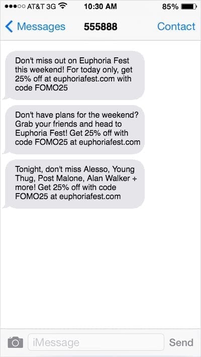 iPhone screenshot of 3 text messages from Euphoria Fest