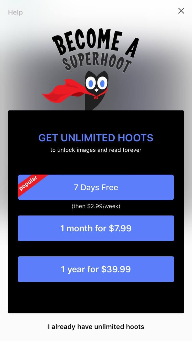 Screenshot showing the weekly, monthly, and annual payment options for Hooked unlimited use