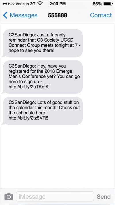 iPhone screenshot with 3 text messages about C3 San Diego events