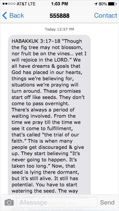 iPhone screenshot showing a lengthy MMS text with a quote from Habakkuk 3 and accompanying devotional text