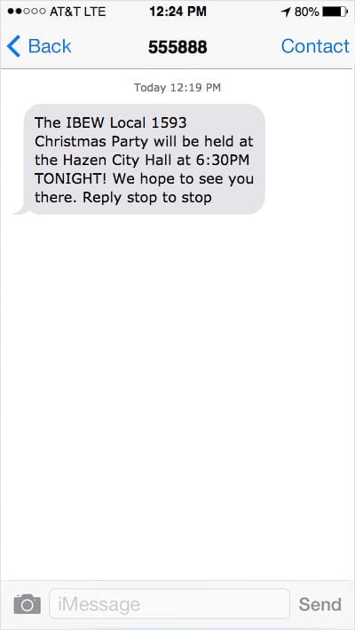 iPhone screenshot showing a text message reminder about a local union Christmas party