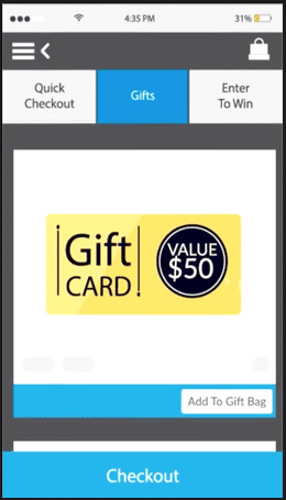 Phone screenshot showing gifts page in custom app with $50 gift card offer