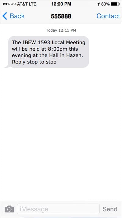 iPhone screenshot showing a text message reminder about a local union meeting