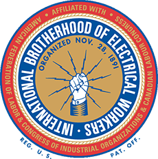 Circular logo showing a hand grasping lightning bolts; surrounding text reads "International Brotherhood of Electrical Workers"
