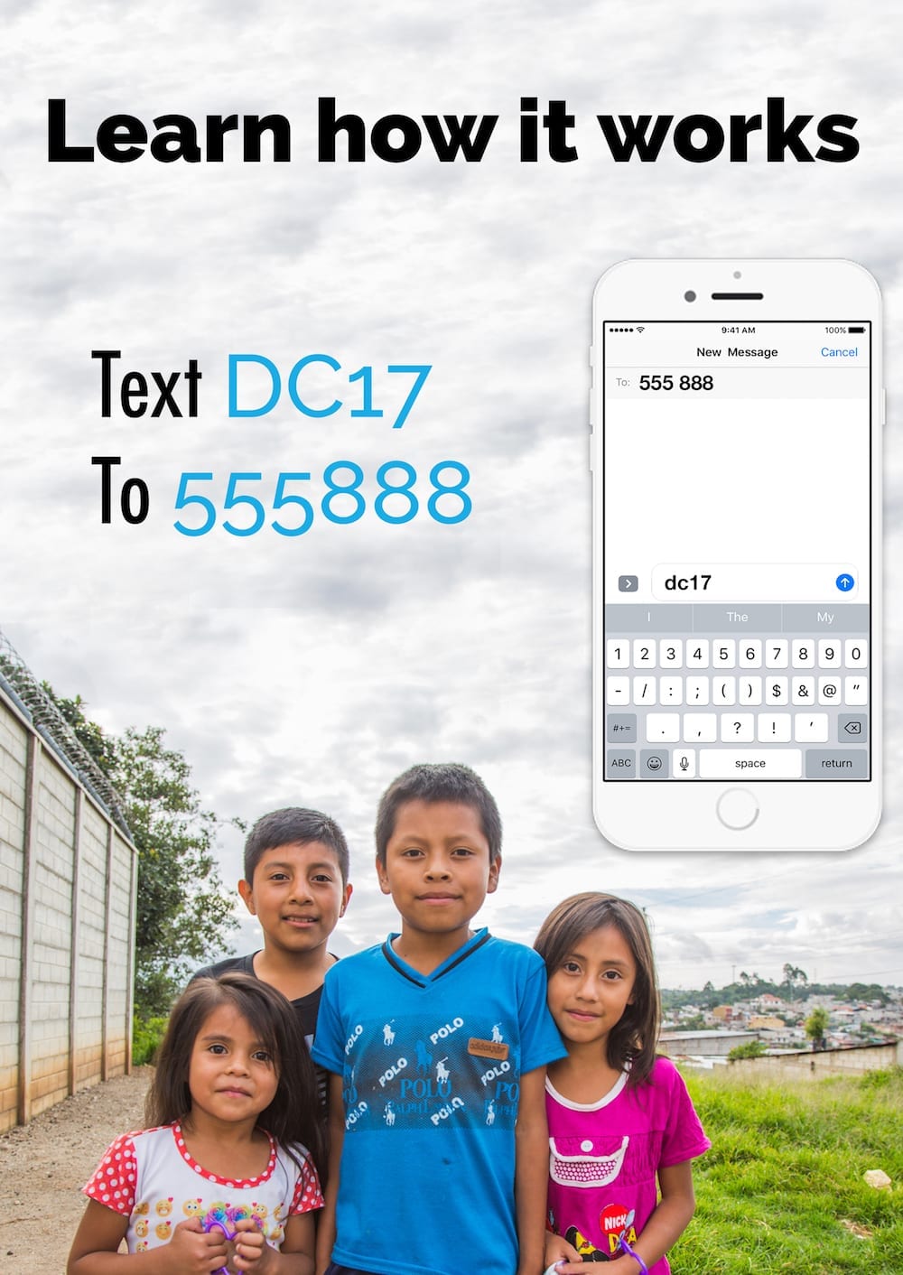 Yuda Bands call-to-action poster showing 4 little kids, a smartphone illustration, and the words "Text DC17 to 555888"