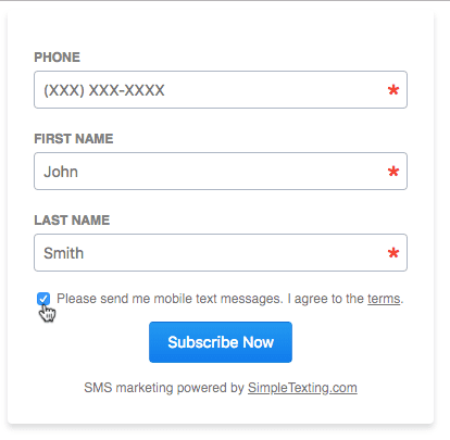 Web form used to collect phone numbers