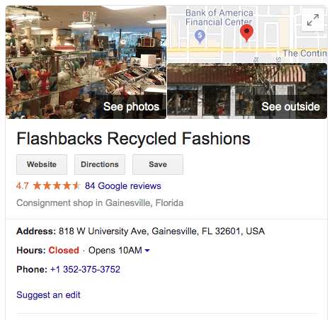 Example of local retail listing optimized for Google My Business