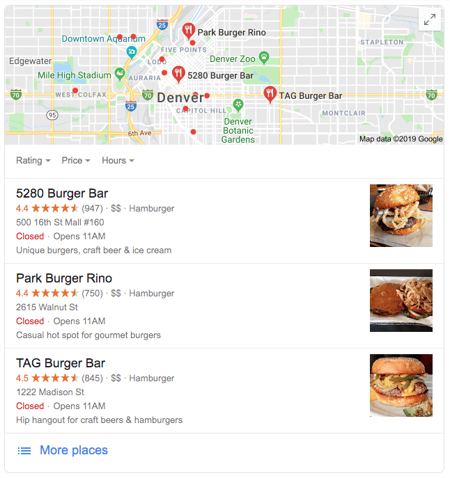 Screenshot of top three results for restaurant query on Google