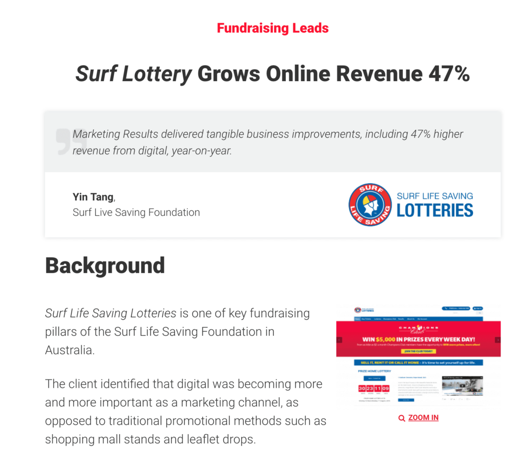Marketing case study screenshot: Surf Life Saving Lotteries