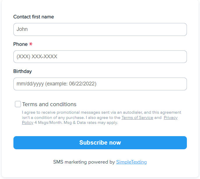 sms opt in web form