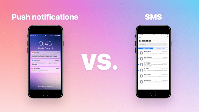 graphic showing push notifications on one phone and SMS messages on the other