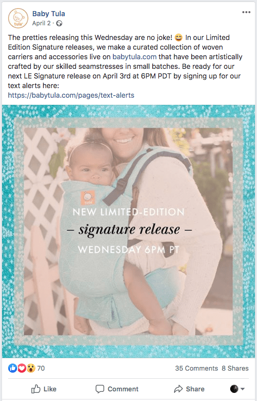 Screenshot of Facebook post promoting Baby Tula's text alerts