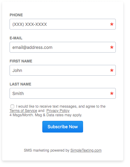 "Example of a text message subscription web form."
