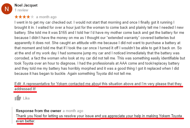 Example of an online review influenced by good customer service.