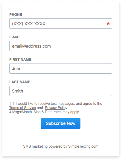 Example of a web form used for text message marketing.