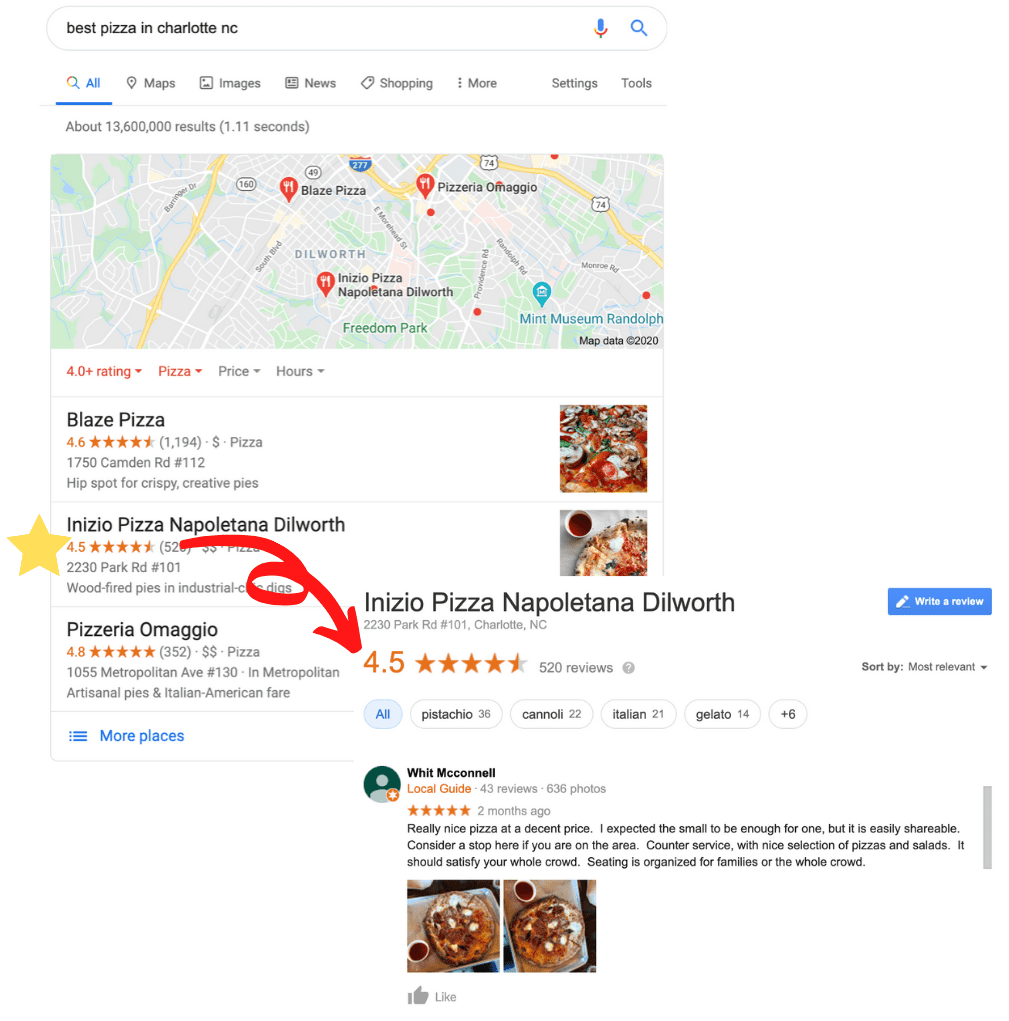 Customer reviews on a Google business listing