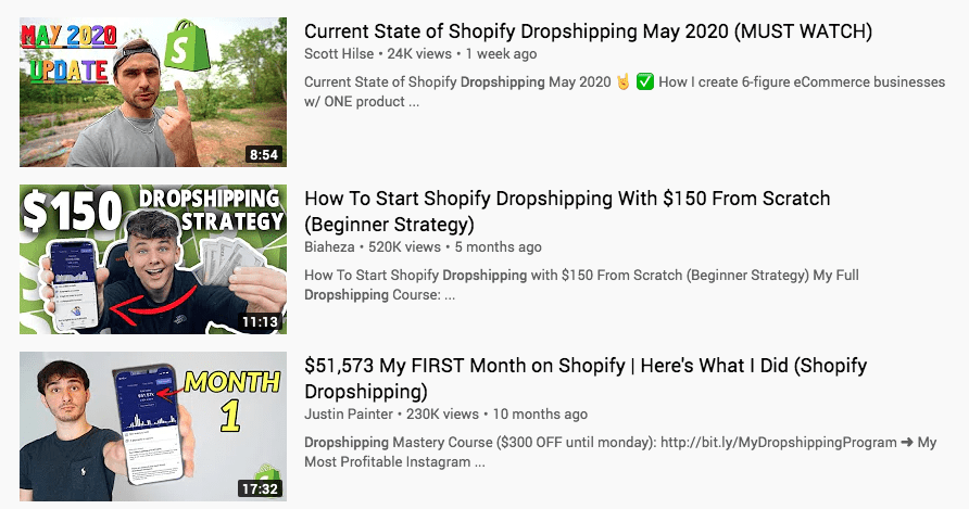 Screenshot of YouTube videos talking about dropshipping
