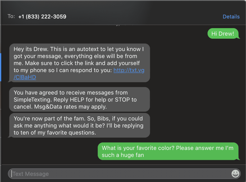 Example of automated text message on iMessage 