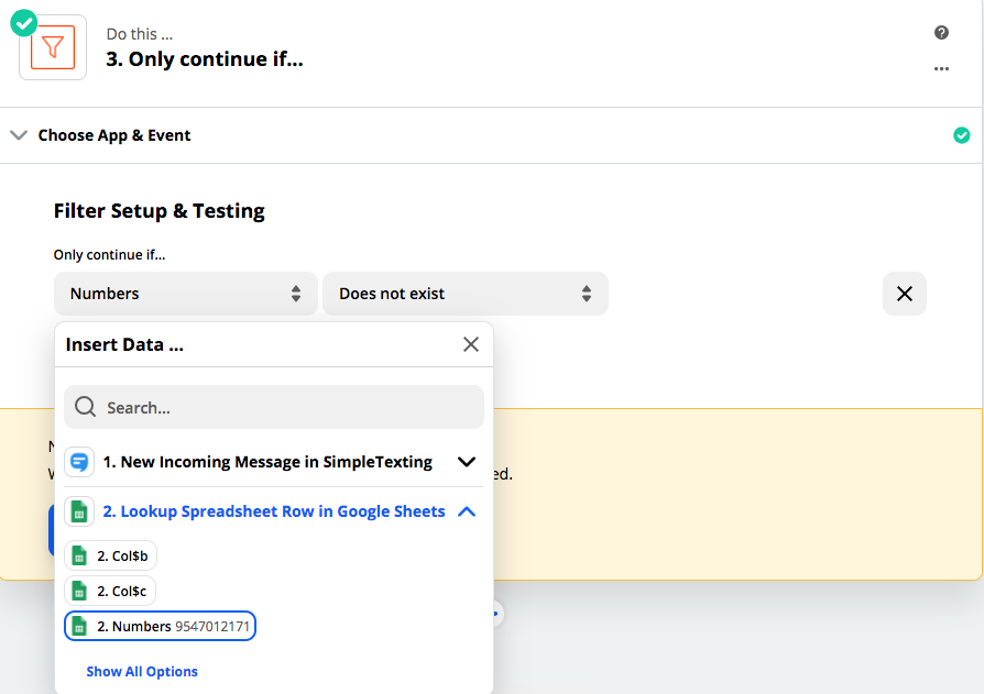 screenshot of Zapier Dashboard for SimpleTexting Integration with Google Sheets