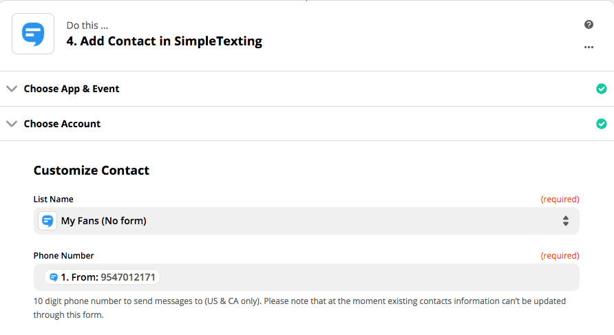 screenshot of Zapier Dashboard for SimpleTexting Integration with Google Sheets