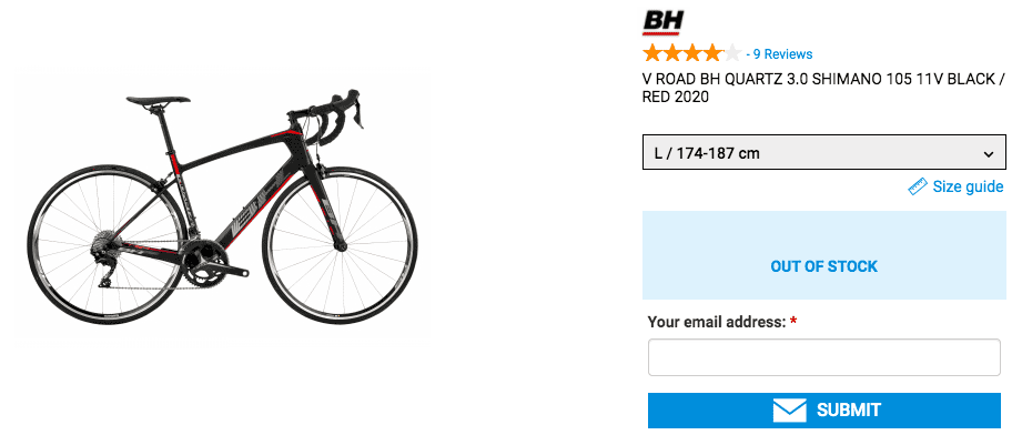An out of stock notice on a road bike listing