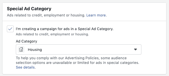 Facebook special ad category selection
