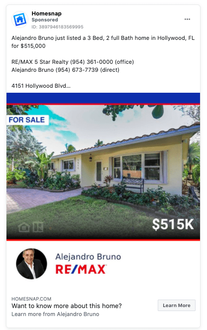 Facebook real estate with agent's contact info