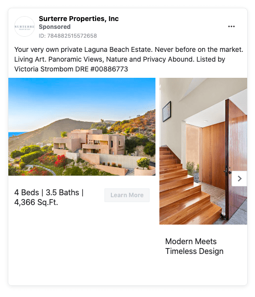 Facebook real estate ad that highlights property's specific selling points