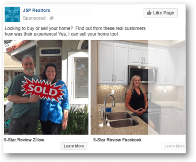 Facebook real estate ad with testimonials