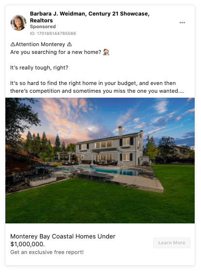 Facebook real estate ad promoting agent's expertise