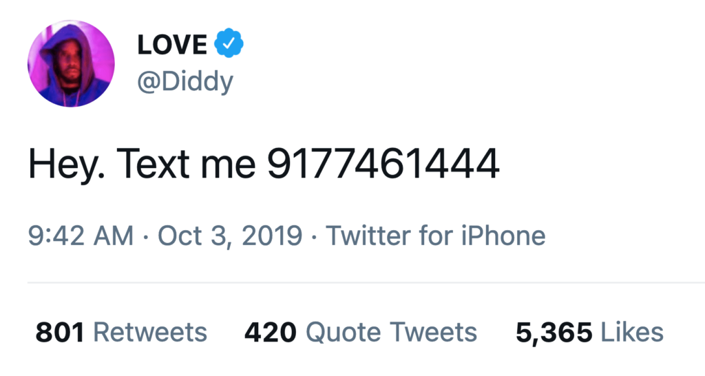 Screenshot of tweet from PDiddy asking people to text him