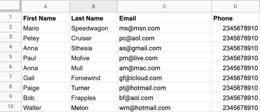 A spreadsheet showing a list of contacts with columns for First Name, Last Name, Email, and Phone. This represents the data source for sending BCC text messages, where each row contains individual contact information that can be uploaded to a messaging platform for a BCC text message campaign.
