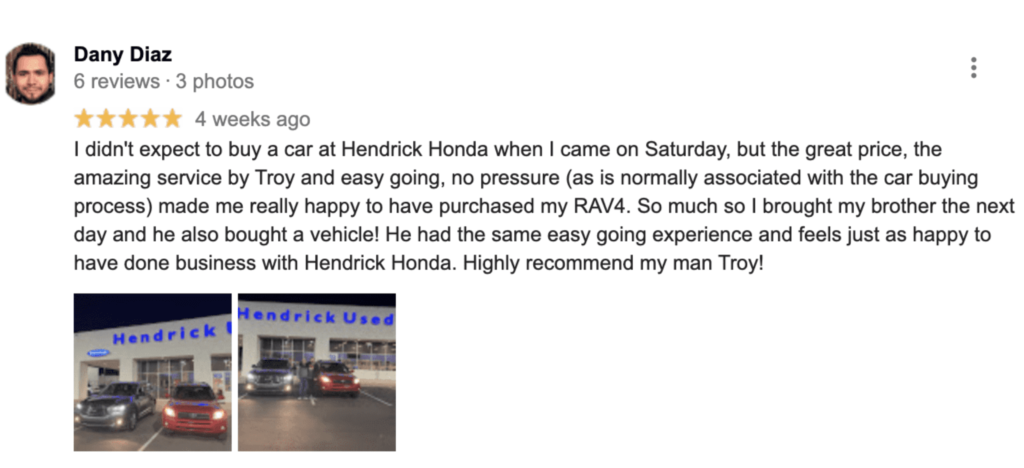An online review of a car dealership