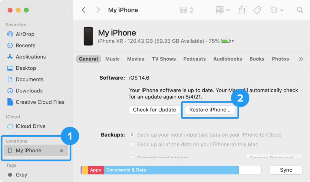 Restoring your iPhone to recover deleted texts