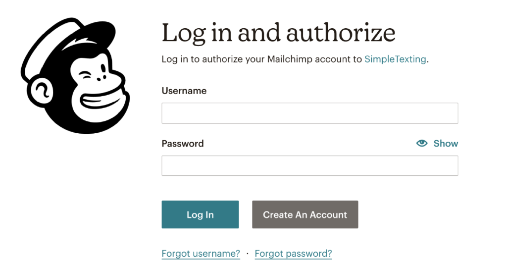 Mailchimp SimpleTexting integration authorization