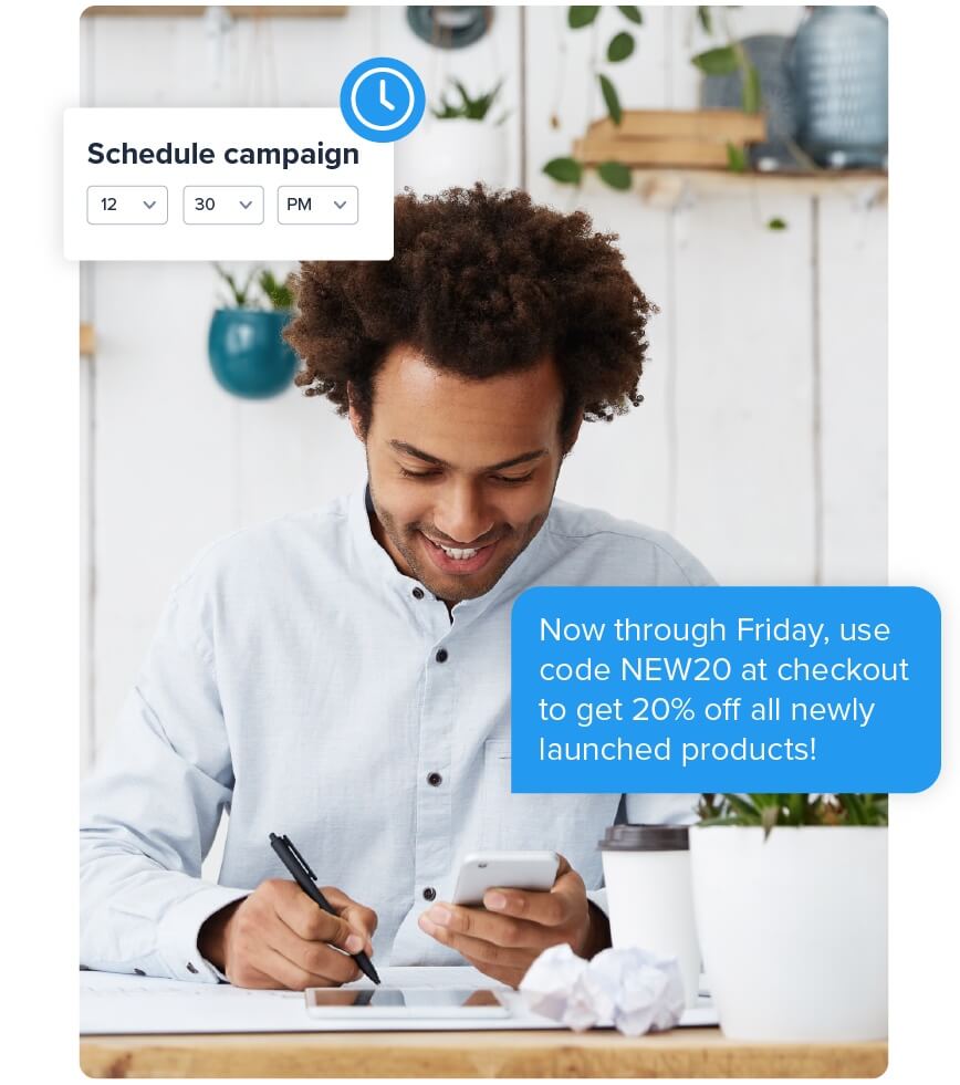 small business owner scheduling a text message marketing campaign