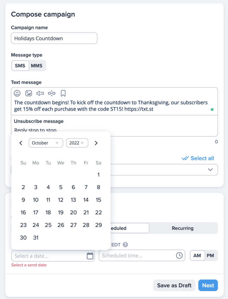 screenshot to schedule text message campaign dashboard