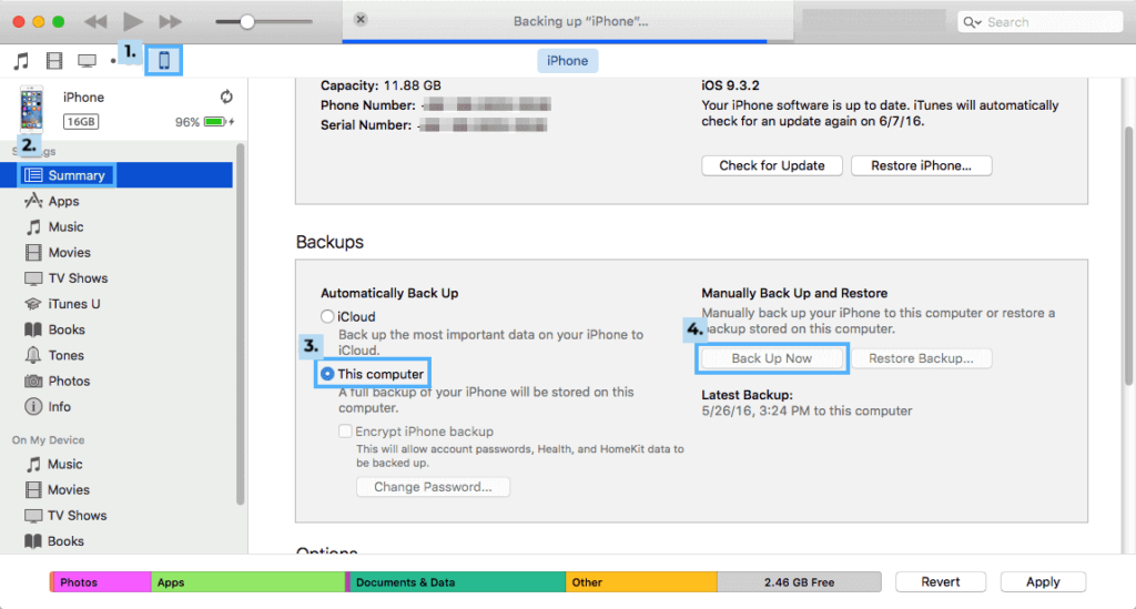 screenshot itunes for text message backup