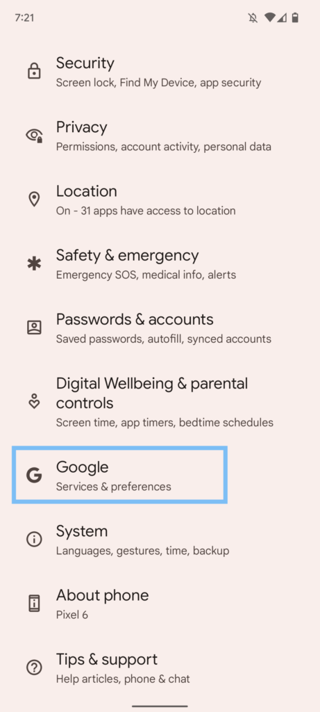 screenshot of google button settings page on android