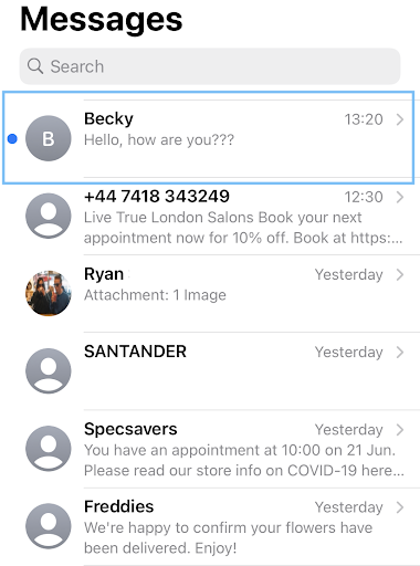 screenshot of SMS notifications