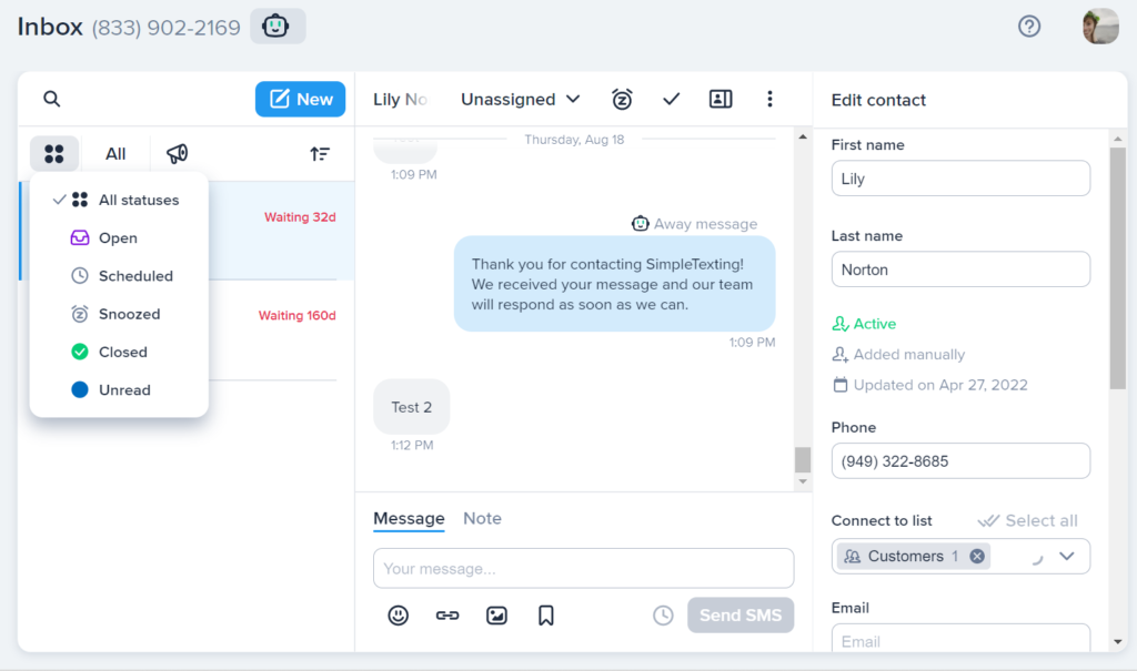 A look at the SimpleTexting Inbox