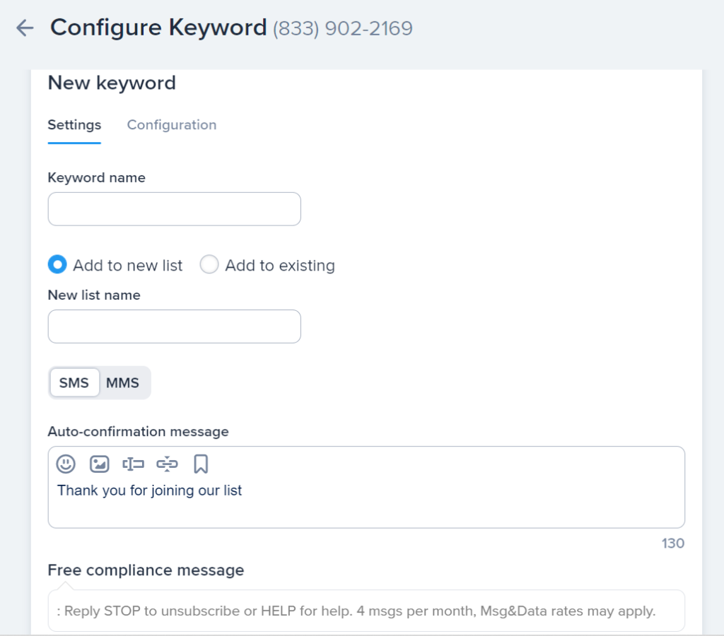 Using a Keyword to sign up text contacts