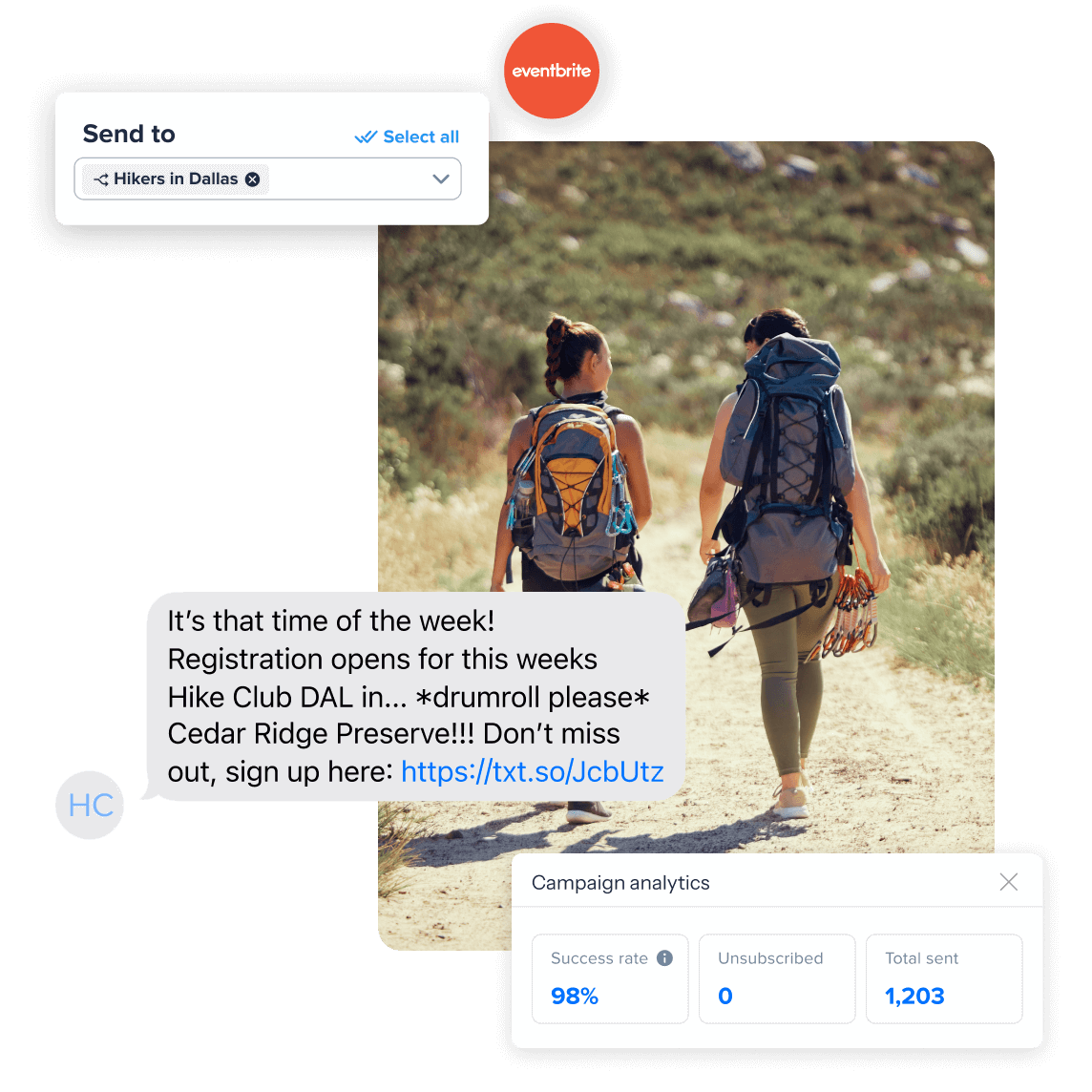 Two hikers with backpacks viewed from behind, with a phone overlay showing a text message about a hiking event from Eventbrite, demonstrating targeted bulk SMS outreach for event promotion.
