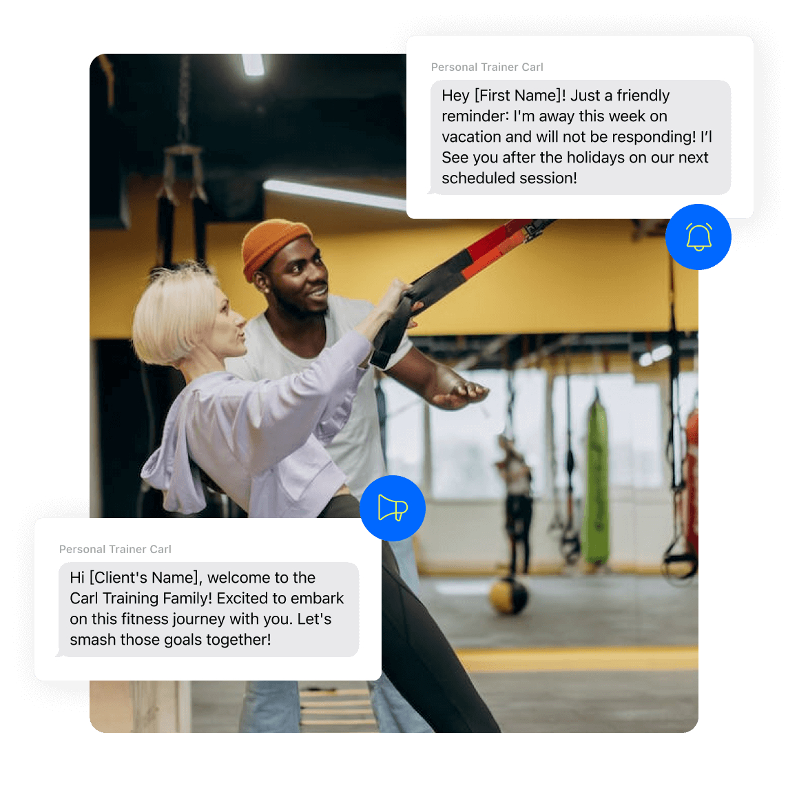 An image of a personal trainer and client interacting, with an overlay of a text message conversation, showcasing personalized bulk SMS services for fitness professionals.